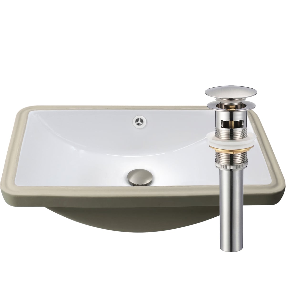 NP-U213907BN  Rectangular Undermount White Porcelain Sink Drain Set with Overflow, Brushed Nickel