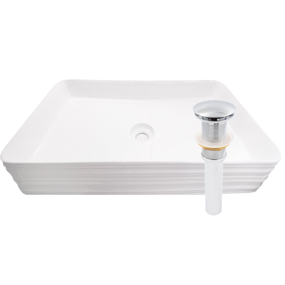 NP-208513CH Rectangular White Porcelain Grooved Exterior Bathroom Sink with Chrome Drain