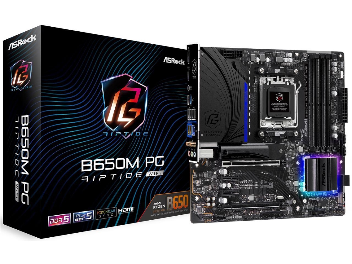 Picture of ASRock 9B13-162-095 B650M PG RIPTIDE Wi-Fi AM5 Micro -ATX Mainboard - 4 Slots DDR5 - 2x PCIe 4.0 x16 Slot - Dual M.2 Slots - USB3.2 Gen2x2 Type C - 12 Plus 2 Plus 1 Power Phase