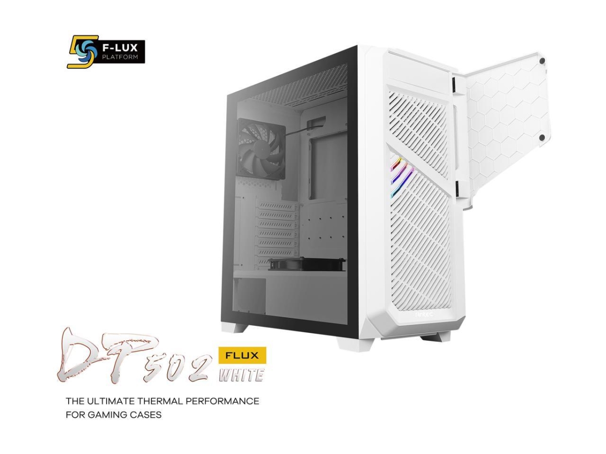 Picture of Antec DP502 FLUX White F-LUX Platform 5 x 120 mm Fans Included&#44; Tempered Glass with Side Panel Swing Open Front Panel & LED Strips Mid Tower ATX Gaming Case&#44; Dark White