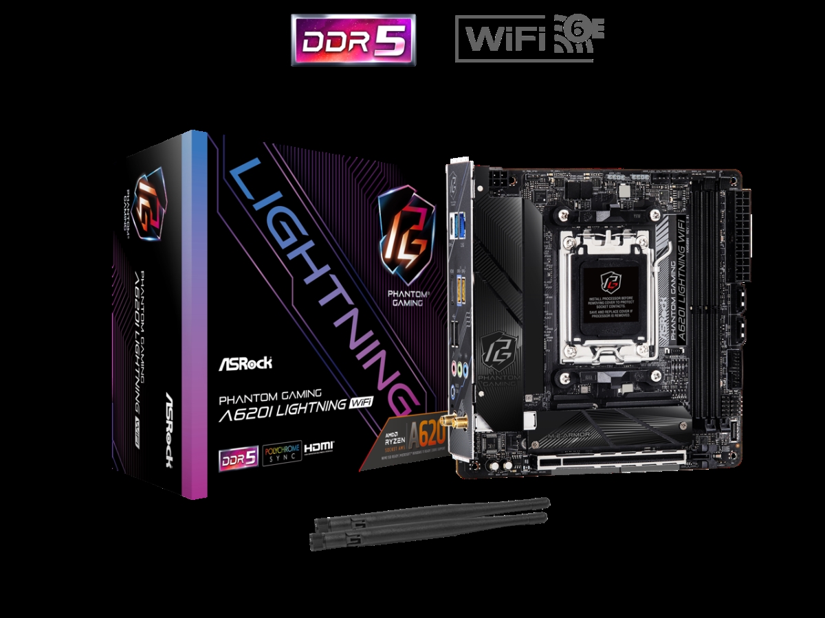 Picture of ASRock A620I LIGHTNING WIFI AM5 Ryzen7000 AMD A620 SATA 6Gbs Mini-ITX Dual Channel DDR5 - 2.5G LAN 802.11ax Wi-Fi 6E Module PCIe 4.0 x 16 Slot Motherboards - AMD