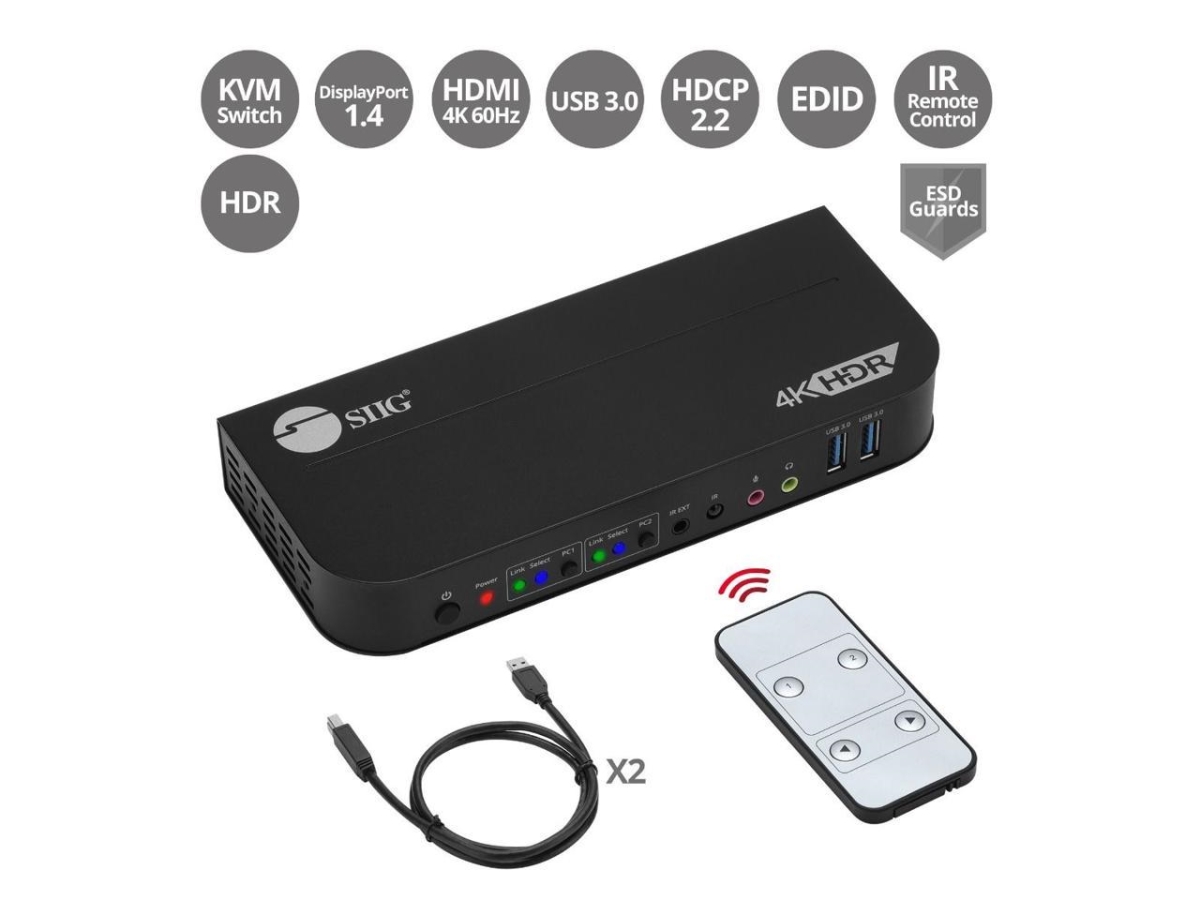 2 x 1 DisplayPort 4K KVM USB 3.0 Switch with Remote Control