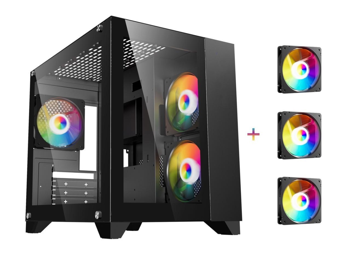 Picture of DIYPC ARGB-Q3.v2-BK USB3.0 Tempered Glass Micro ATX Gaming Computer Case with Dual Tempered Glass Panel & 3 x ARGB Fans&#44; Black