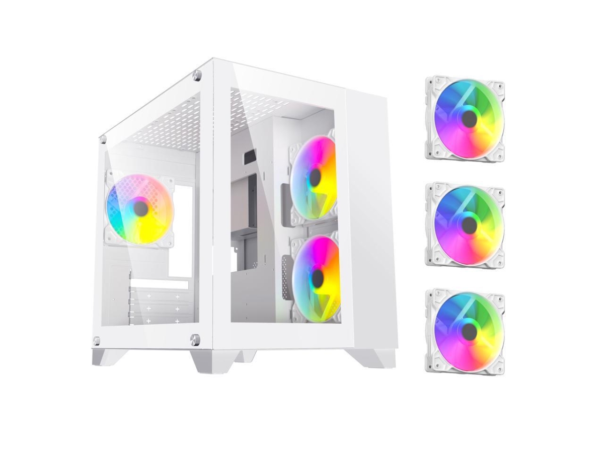 Picture of Diypc ARGB-Q3.R2-W White USB3.0 - Type C Tempered Glass Micro Tax Gaming Computer Case W- Dual Tempered Glass Panel & 3 x ARGB Fans Pre-installed