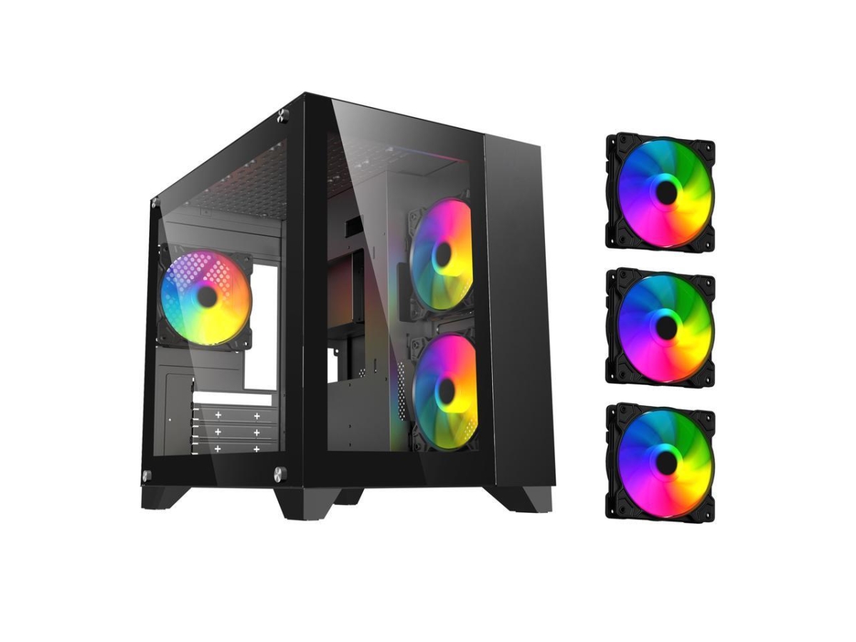 Picture of Diypc ARGB-Q3.R2-BK Black USB3.0 -type C Tempered Glass Micro Tax Gaming Computer Case W- Dual Tempered Glass Panel & 3 x ARGB Fans Pre-installed