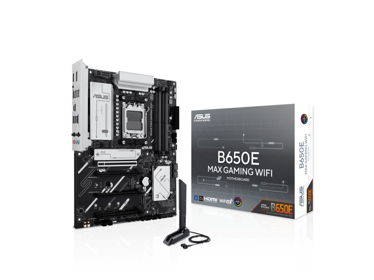 Picture of ASUS B650E MAX GAMING WIFI AMD B650 Am5 Tax Motherboard&#44; White PC b&#44; DDR5&#44; PCIe 5.0&#44; 3x M.2&#44; Wi-fi 6e&#44; 2.5Gb LAN&#44; USB 10GBps Type-C&#44; DisplayPort&#44; HDMI&#44; Bios Flashback