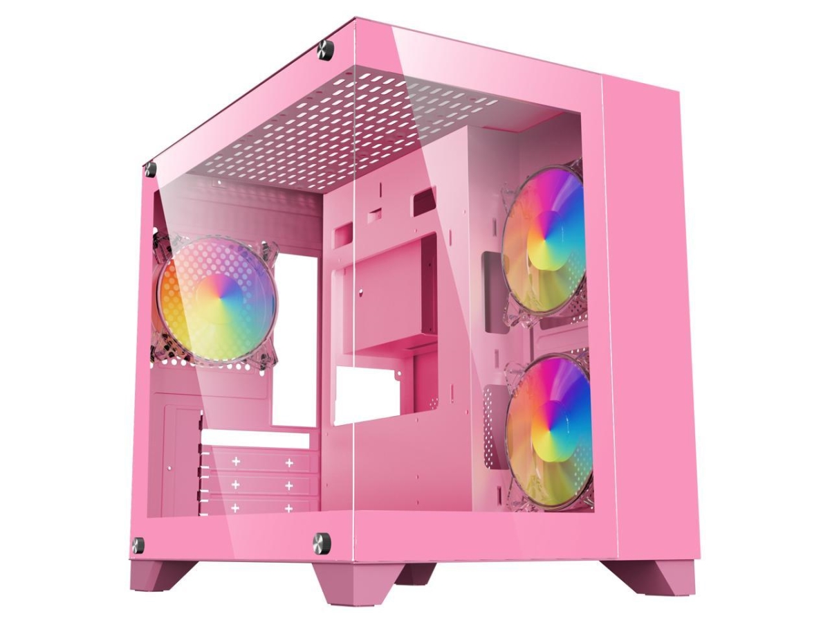 ARGB-Q1.V2- P USB 3.0 Tempered Glass Micro ATX Gaming Computer Case with Dual Tempered Glass Panel & 3 x ARGB 120 mm Fans Pre-Installed, Pink