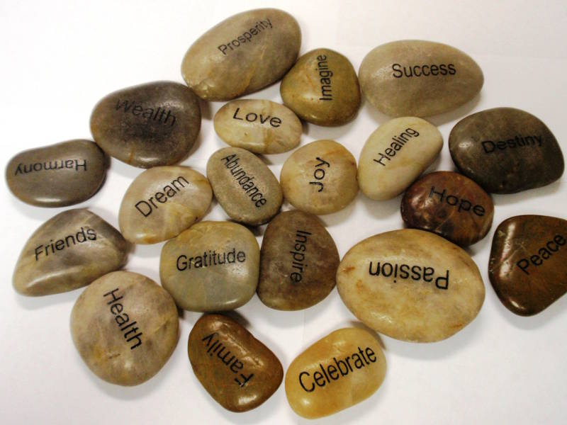 1.9-2.3 in. Polished River Stones with Engraved Words of Inspiration, Single Sided - Set of 4