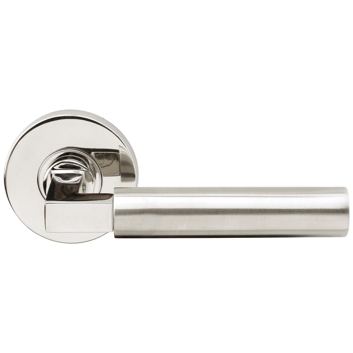 Aurora Privacy Door Lever Set with Round Rosette, Polished/Satin Stainless Steel Bedroom or Bathroom Door Handle, 2-3/8' Backset