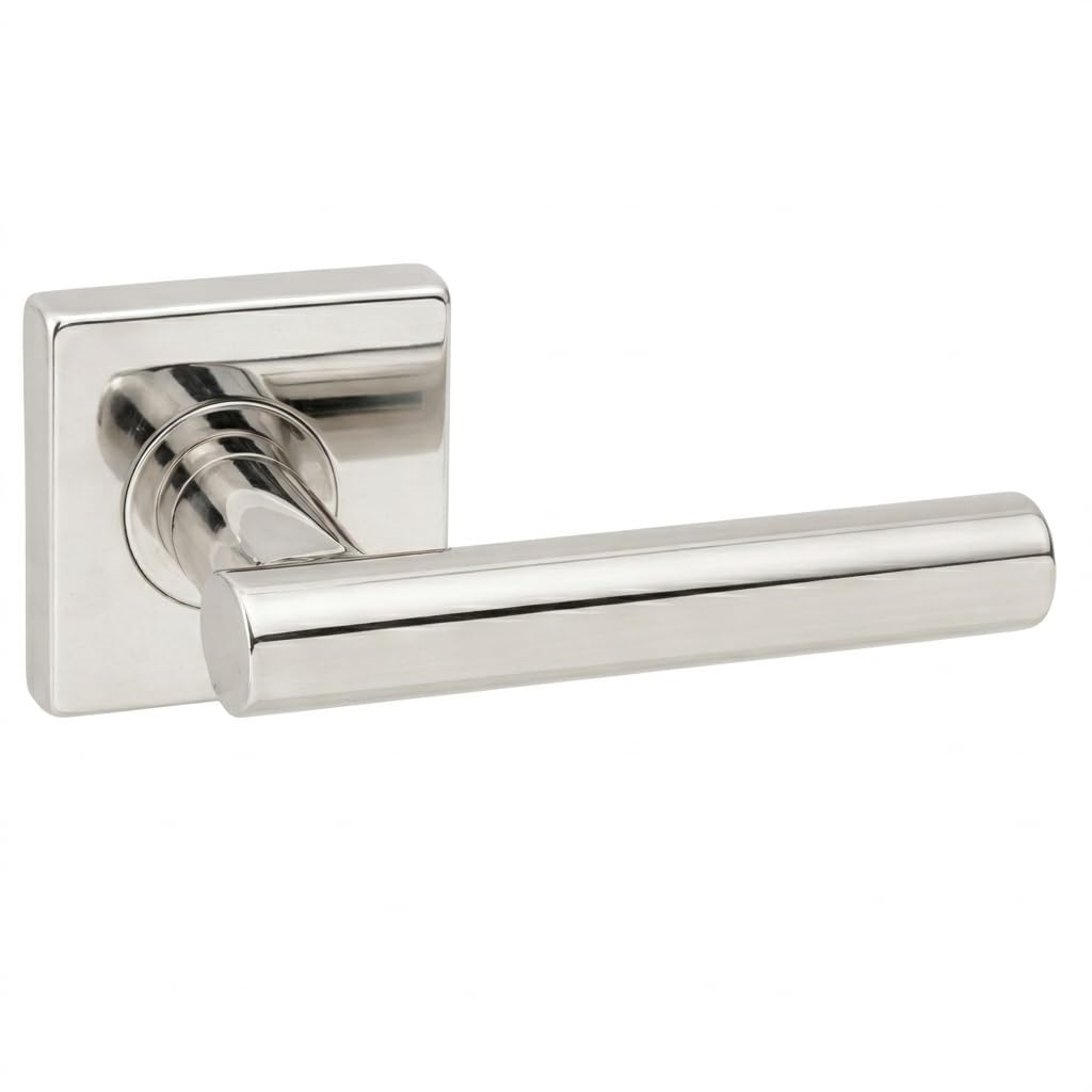 Copenhagen Privacy Door Lever Set with Square Rosette, Polished Stainless Steel Bedroom or Bathroom Door Handle, 2-3/8' Backset
