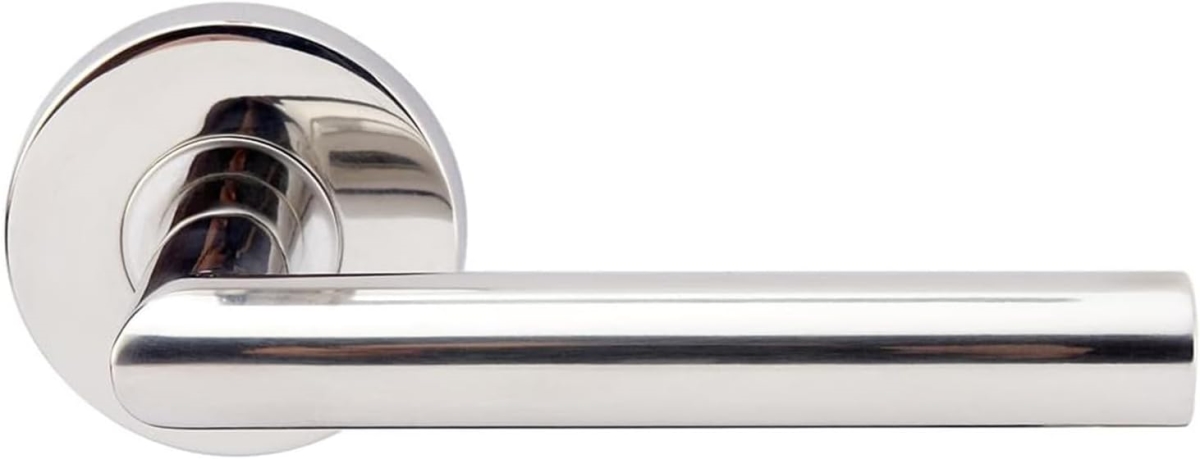 Frankfurt Privacy Door Lever Set with Round Rosette, Polished Stainless Steel Bedroom or Bathroom Door Handle, 2-3/8' Backset