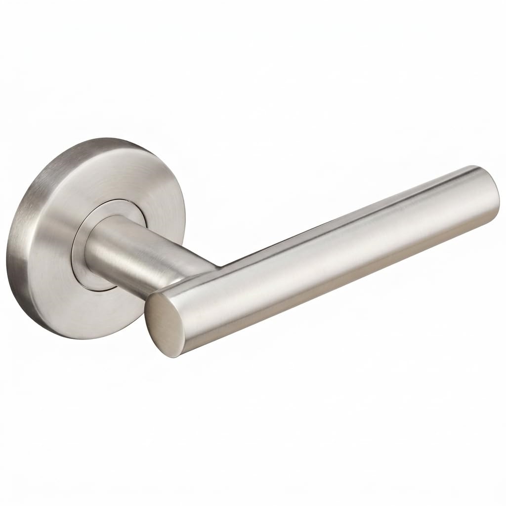 Copenhagen Privacy Door Lever Set with Round Rosette, Satin Stainless Steel Bedroom or Bathroom Door Handle, 2-3/8' Backset