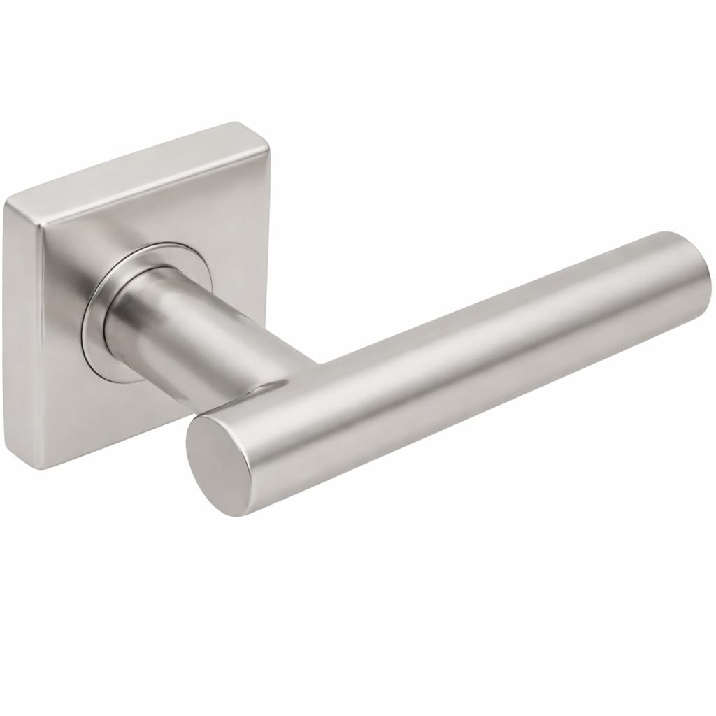 Copenhagen Privacy Door Lever Set with Square Rosette, Satin Stainless Steel Bedroom or Bathroom Door Handle, 2-3/8' Backset