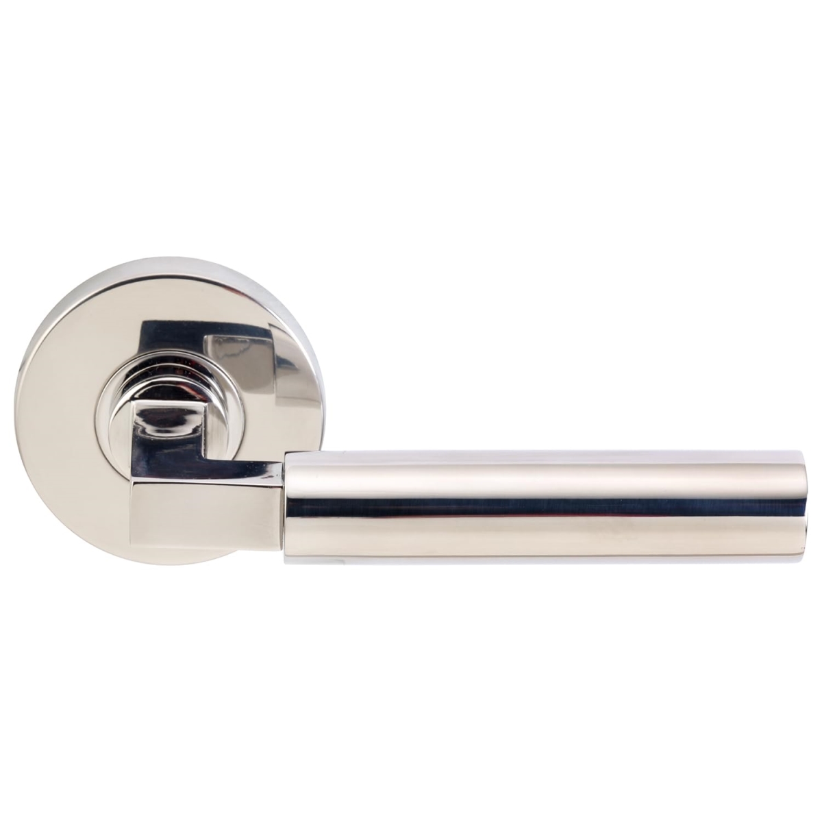 RA221L472-32  Aurora Privacy Door Lever Set with Round Rosette, Polished Stainless Steel Bedroom or Bathroom Door Handle, 2-3/4' Backset