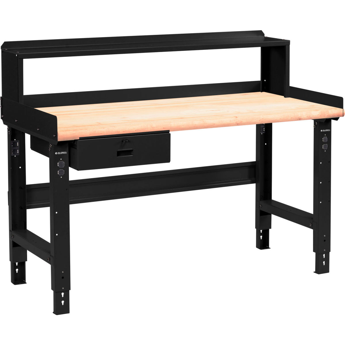 Picture of Global Industrial 183987BBK Maple Safety Edge Top Adjustable Height Workbench with Drawer & Riser&#44; Black - 60 x 30 in.