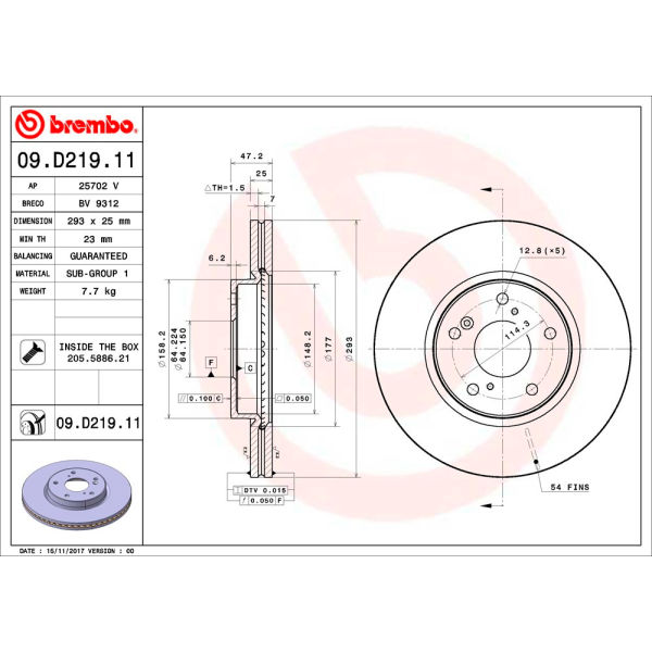 B2692840 09.D219.11 Premium UV Coated Rear Brake Rotor for 2016-2019 Honda HR-V -  BREMBO