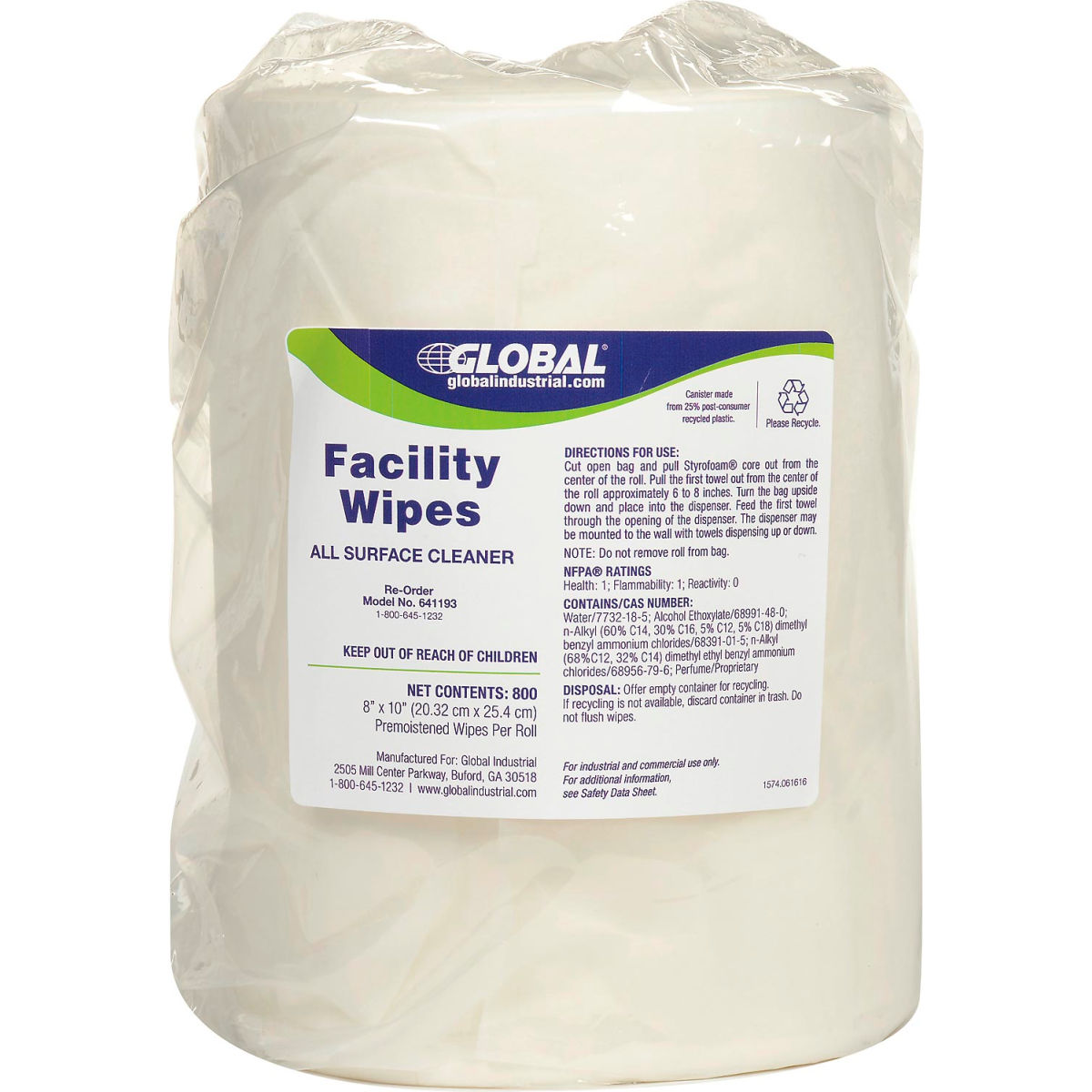 641193 Global Industrial Facility Wipes - 800 Wipes per Refill Roll, 2 Refills per Case