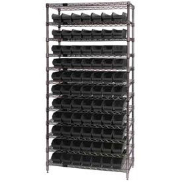 WR12-103 Chrome Wire Shelving - Black - 18 x 36 x 74 in. - Includes 77 Shelf Bins