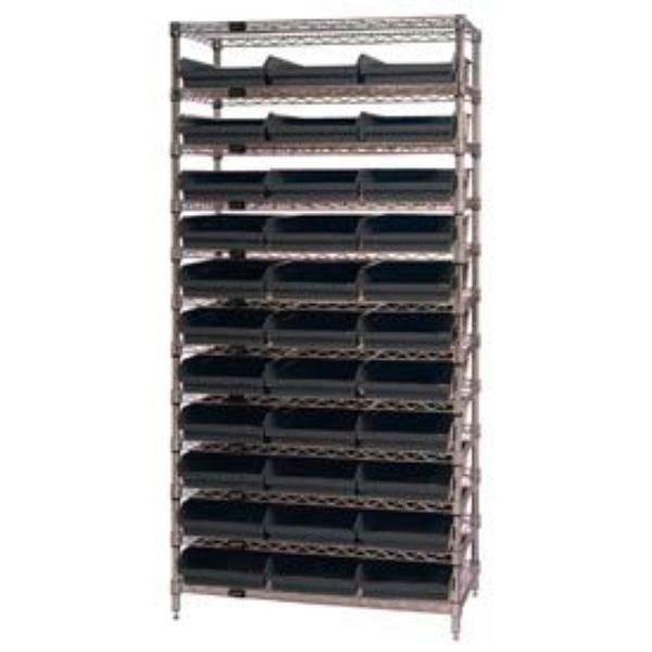 Picture of Quantum Storage Systems 268975BK WR12-110 Chrome Wire Shelving with 33 4 in. Shelf Bins&#44; Black - 18 x 36 x 74 in.
