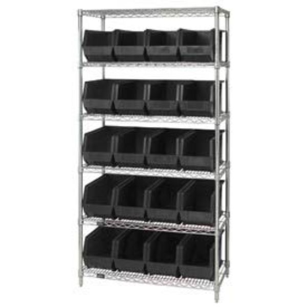 268932BK WR6-265 Chrome Wire Shelving with 20 Giant Plastic Stacking Bins, Black - 36 x 18 x 74 in.