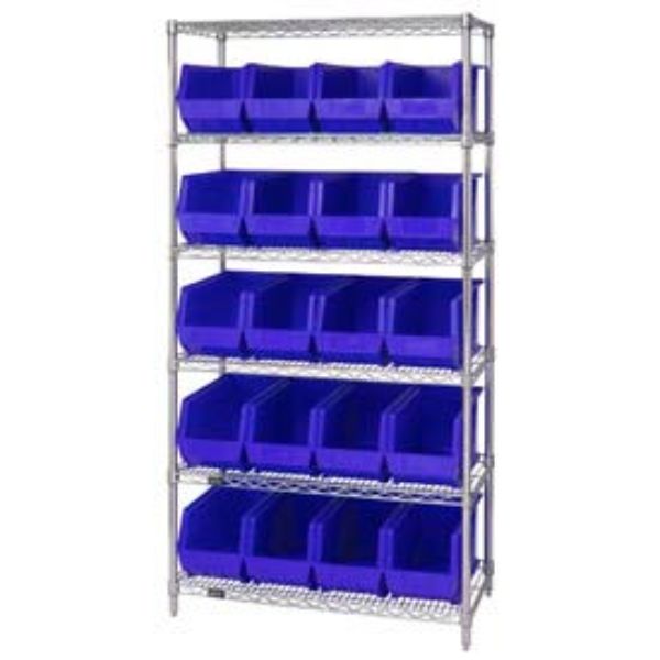 268932BL WR6-265 Chrome Wire Shelving with 20 Giant Plastic Stacking Bins, Blue - 36 x 18 x 74 in.