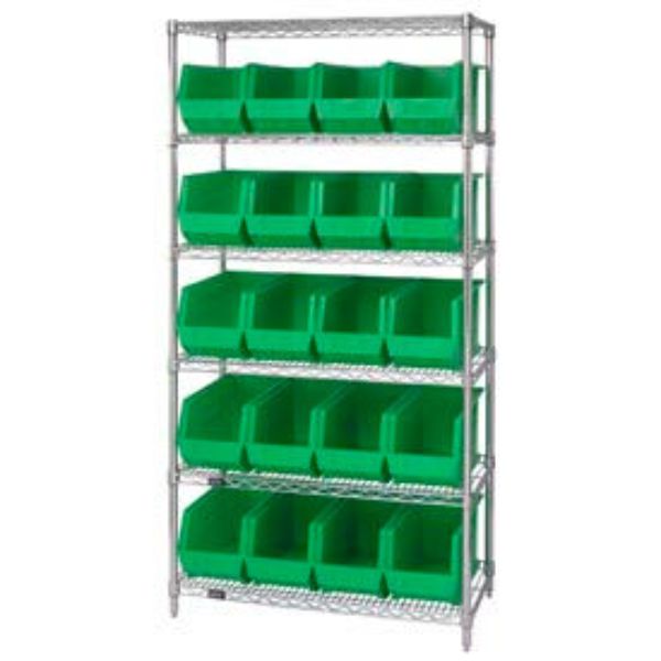 268932GN WR6-265 Chrome Wire Shelving with 20 Giant Plastic Stacking Bins, Green - 36 x 18 x 74 in.