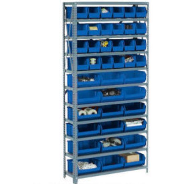 Global Industrial 603252BL Steel Open Shelving with 60 Blue Plastic Stacking Bins & 11 Shelves - 36 x 12 x 73 in.