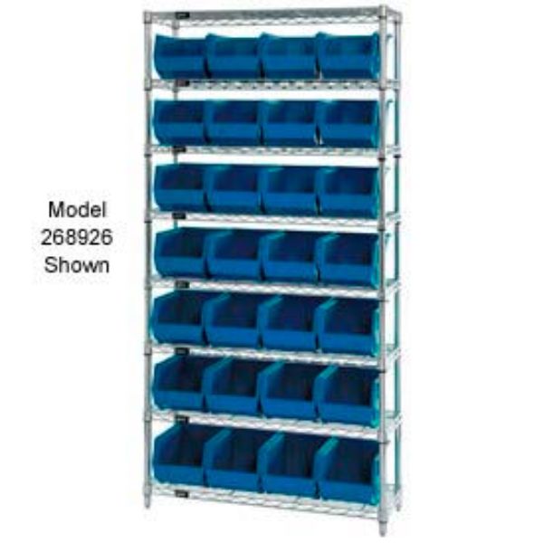 268927BL WR7-245 Chrome Wire Shelving with 24 Giant Plastic Stacking Bins, Blue - 36 x 12 x 74 in.