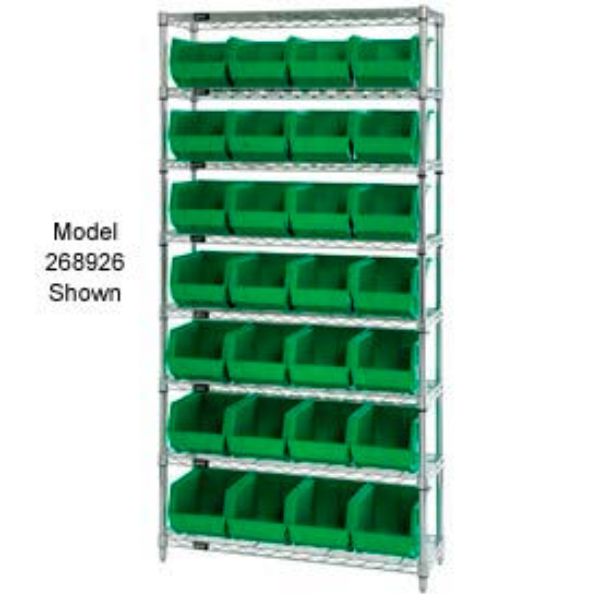 268927GN WR7-245 Chrome Wire Shelving with 24 Giant Plastic Stacking Bins, Green - 36 x 12 x 74 in.