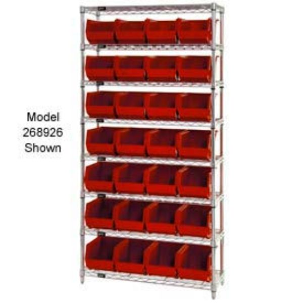 268927RD WR7-245 Chrome Wire Shelving with 24 Giant Plastic Stacking Bins, Red - 36 x 12 x 74 in.