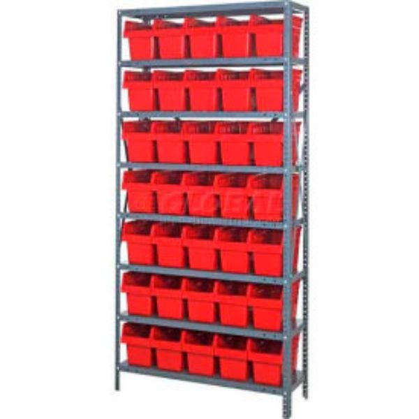 1875-SB804 Steel Shelving with 35 8 in. Plastic Shelf Bins, Red - 36 x 18 x 75 in.