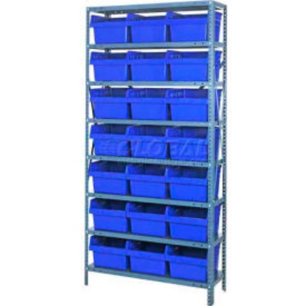 B970463 1875-SB810 Steel Shelving with 21 8 in. Plastic Shelf Bins, Blue - 36 x 18 x 75 in.