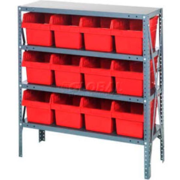 B970455 1839-SB808 Steel Shelving with 12 8 in. Plastic Shelf Bins, Red - 36 x 18 x 39 in.