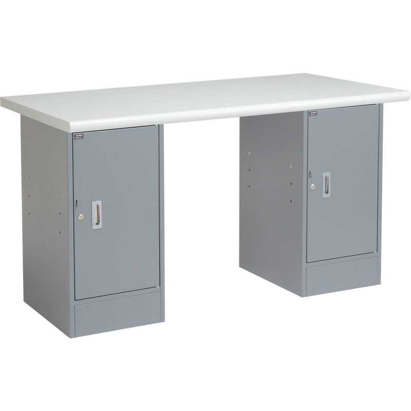 Global Industrial 607661 Pedestal Workbench with 2 Cabinets, Plastic Laminate Safety Edge - Gray - 72 x 30 in.