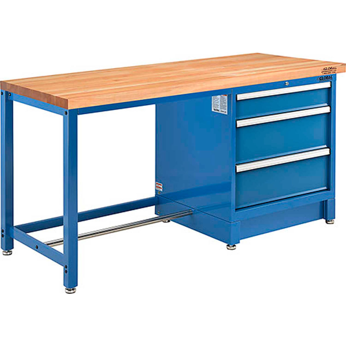 Global Industrial 711141 Modular Workbench with 3 Drawers, Maple Butcher Block Square Edge - Blue - 72 x 30 in.