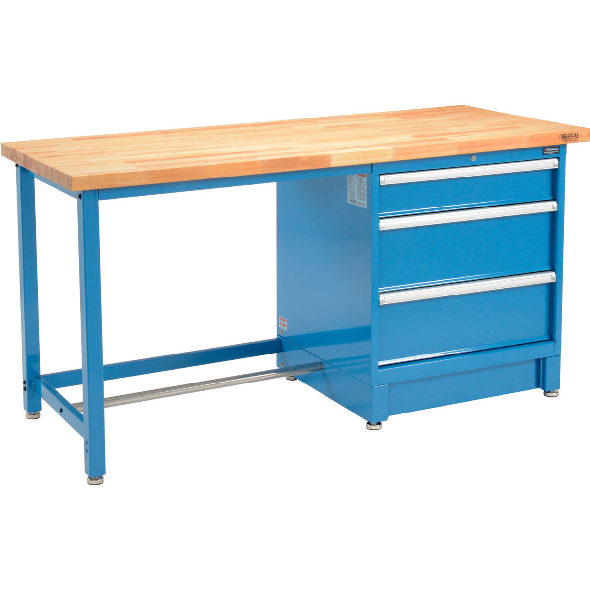 Global Industrial 711143 Modular Workbench with 3 Drawers, Birch Butcher Block Square Edge - Blue - 72 x 30 in.