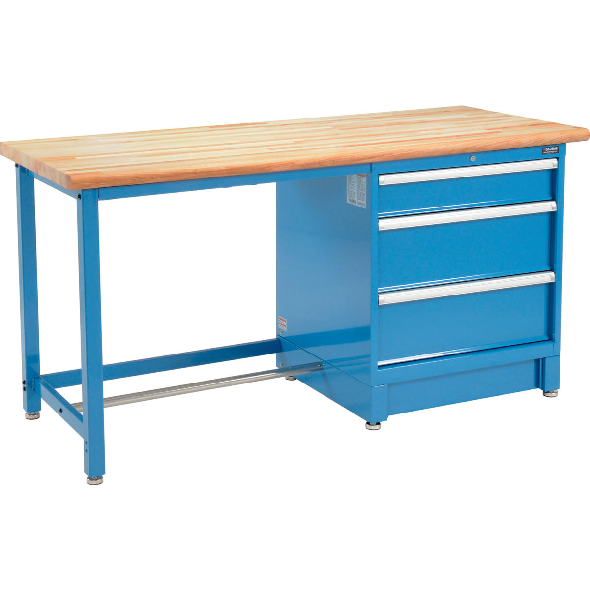 Global Industrial 711147 Modular Workbench with 3 Drawers, Maple Butcher Block Safety Edge - Blue - 72 x 30 in.