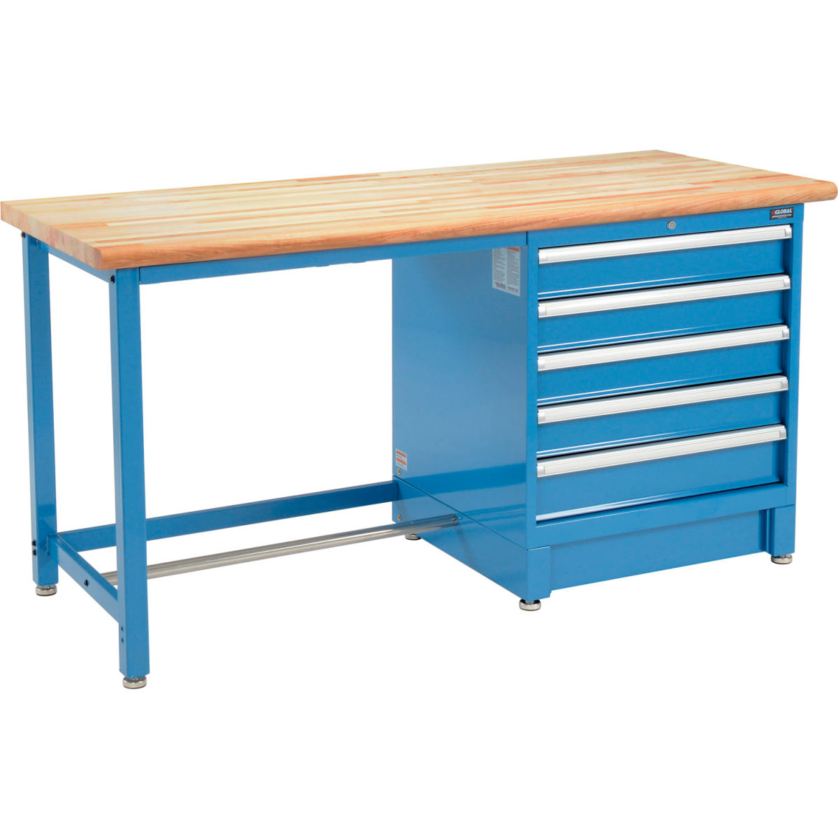 Global Industrial 711158 Modular Workbench with 5 Drawers, Maple Butcher Block Safety Edge - Blue - 72 x 30 in.