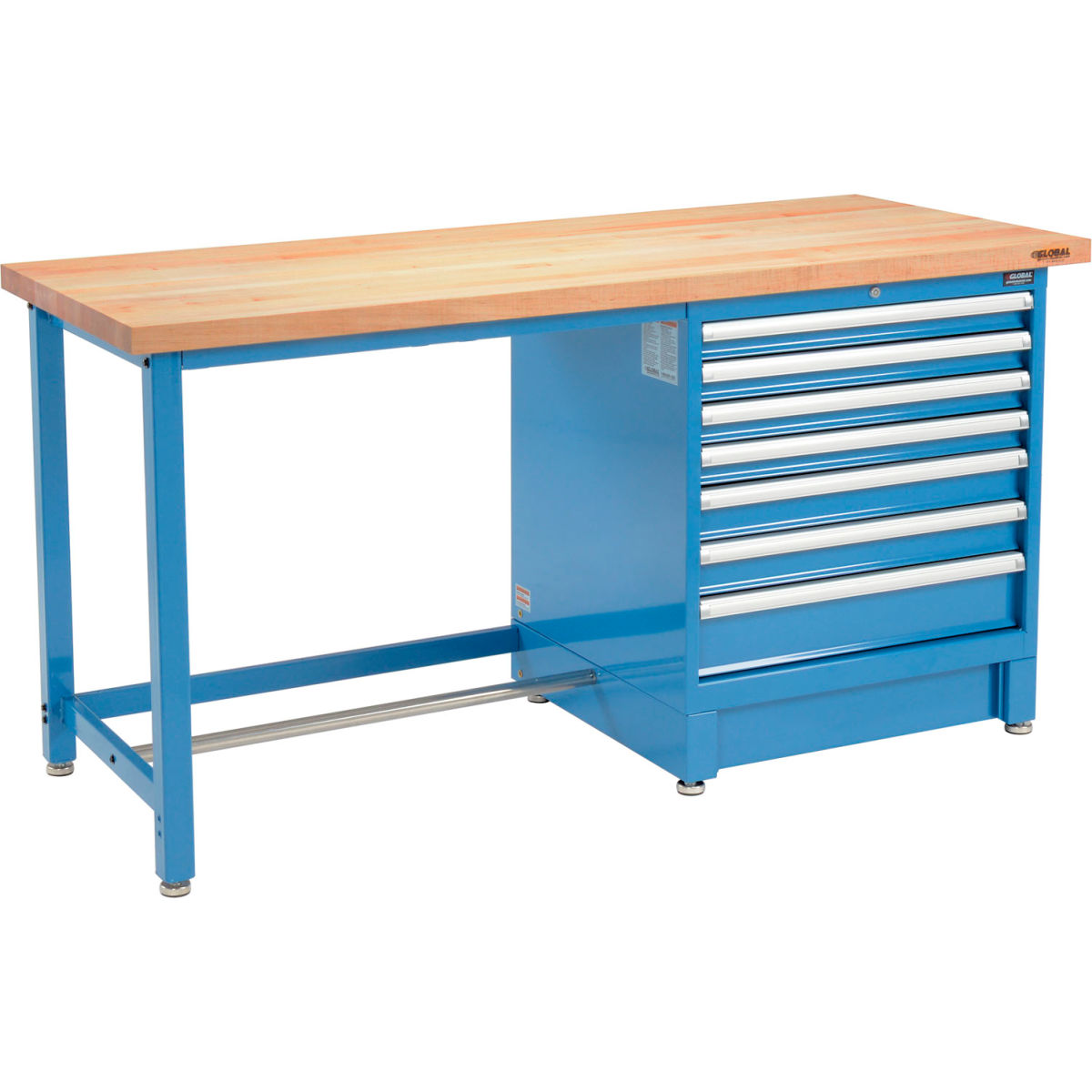 Global Industrial 711163 Modular Workbench with 7 Drawers, Maple Butcher Block Square Edge - Blue - 72 x 30 in.