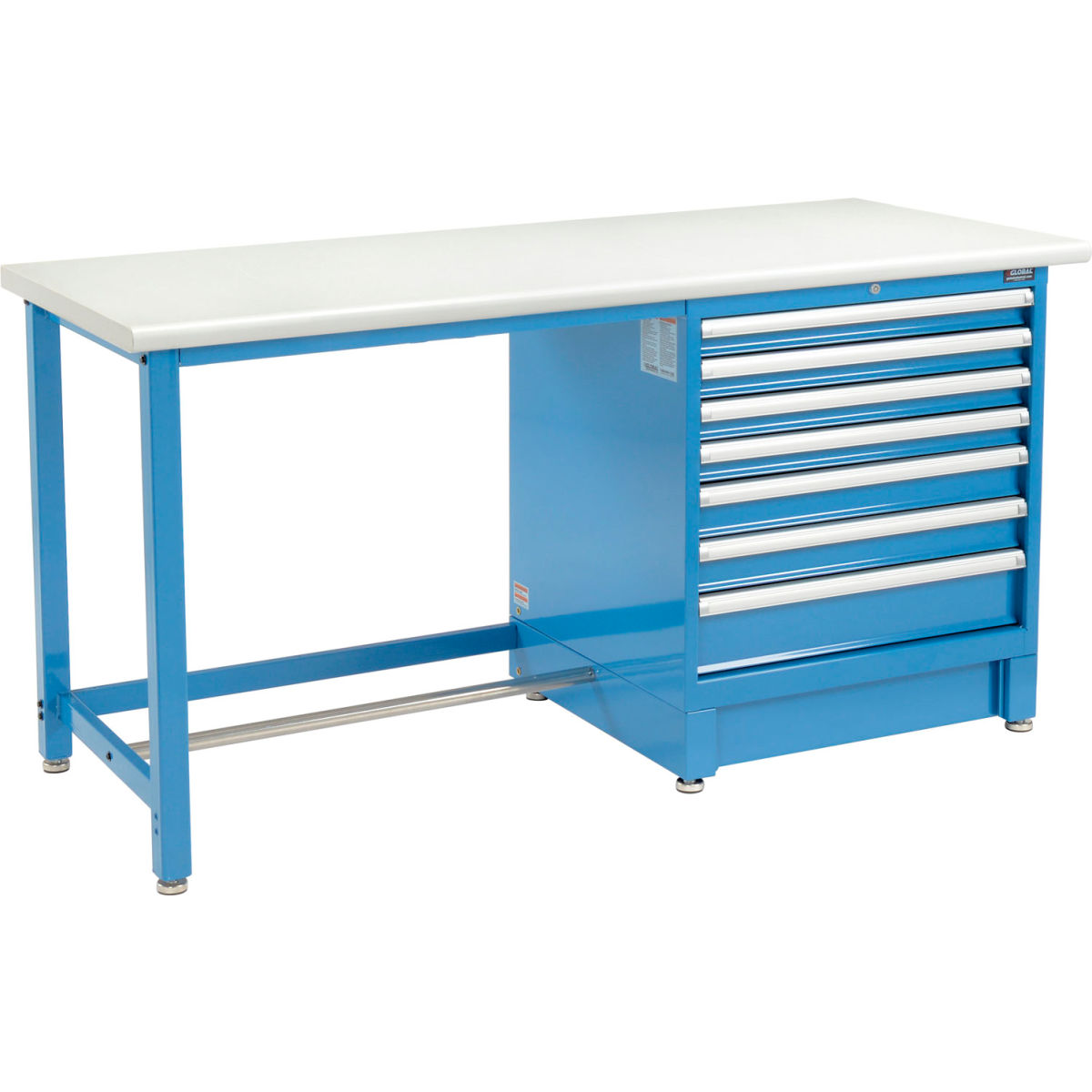 Global Industrial 711168 Modular Workbench with 7 Drawers, Plastic Laminate Safety Edge, Blue - 72 x 30 in.
