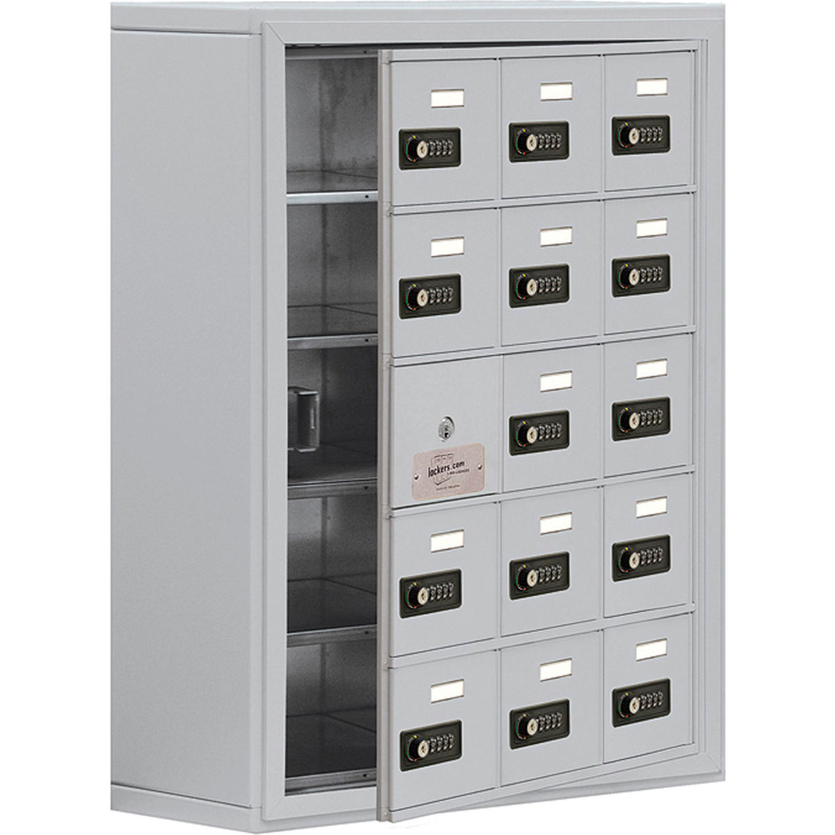 B1888012 19158-15ASC Cell Phone Locker with Access Panel & Surface Mounted, Combo Locks & 15 A Doors - Aluminum