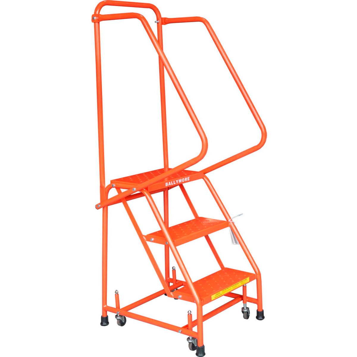 Perforated 16 in. 3 Step Steel Rolling Ladder with 10 in. Top Step & Handrails - Orange