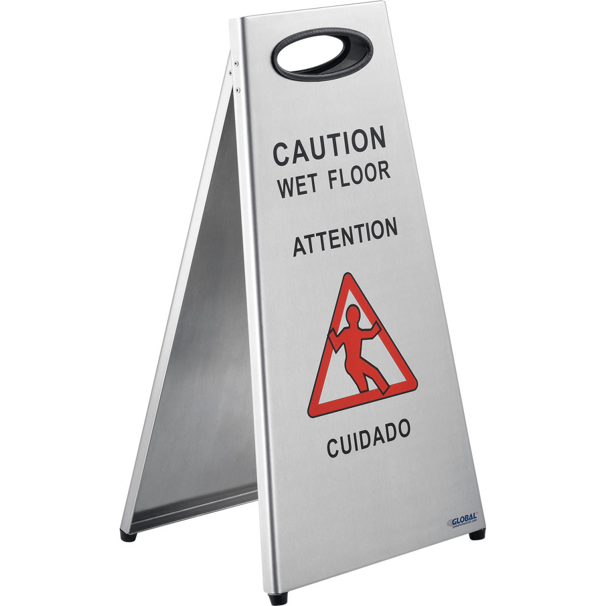 2 Sided Multi-Lingual - Caution Stainless Steel Floor Sign