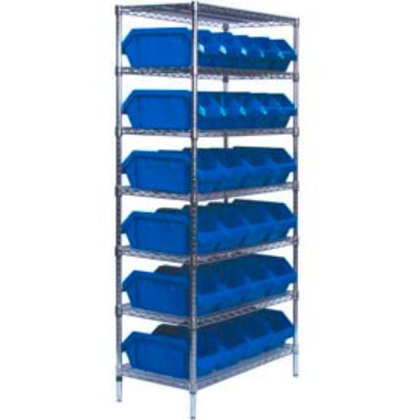 268863BL W7-12-26 Chrome Wire Shelving with 26 QuickPick Double Open Bins, Blue - 18 x 36 x 74 in.