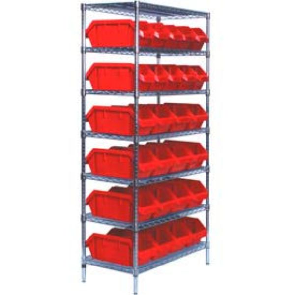 268863RD W7-12-26 Chrome Wire Shelving with 26 QuickPick Double Open Bins, Red - 18 x 36 x 74 in.