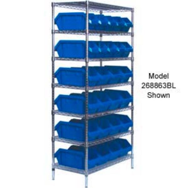 268870BL W7-18-24 Chrome Wire Shelving with 24 QuickPick Double Open Bins, Blue - 18 x 36 x 74 in.