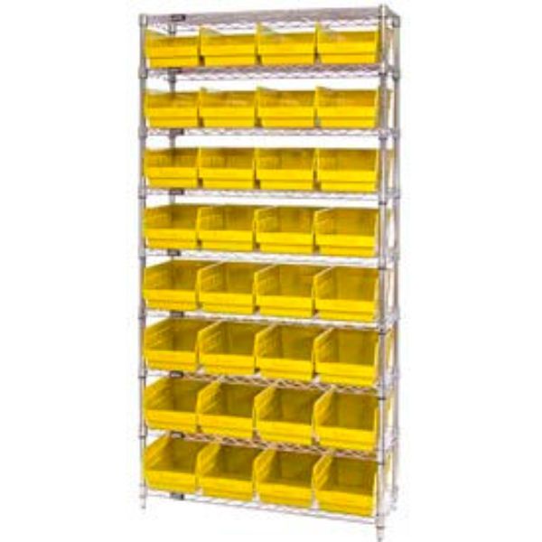 268946YL WR9-207 Chrome Wire Shelving with 32 6 in. Plastic Shelf Bins, Yellow - 36 x 12 x 74 in.