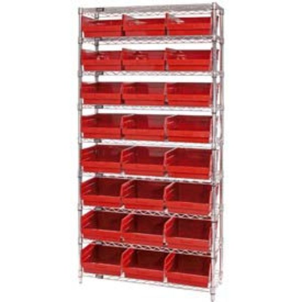 268947RD WR9-209 Chrome Wire Shelving with 24 6 in. Plastic Shelf Bins, Red - 36 x 12 x 74 in.