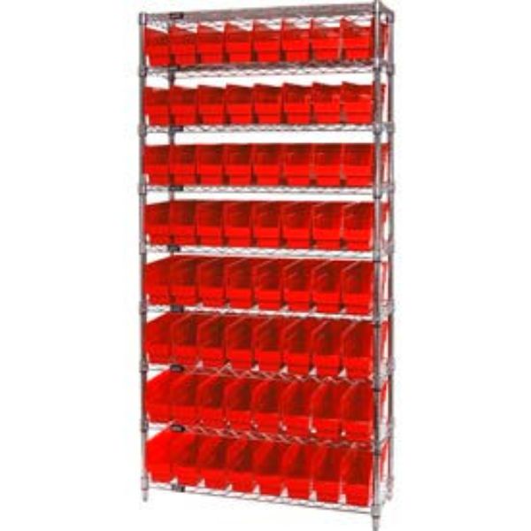 268948RD WR9-203 Chrome Wire Shelving with 64 6 in. Plastic Shelf Bins, Red - 36 x 18 x 74 in.