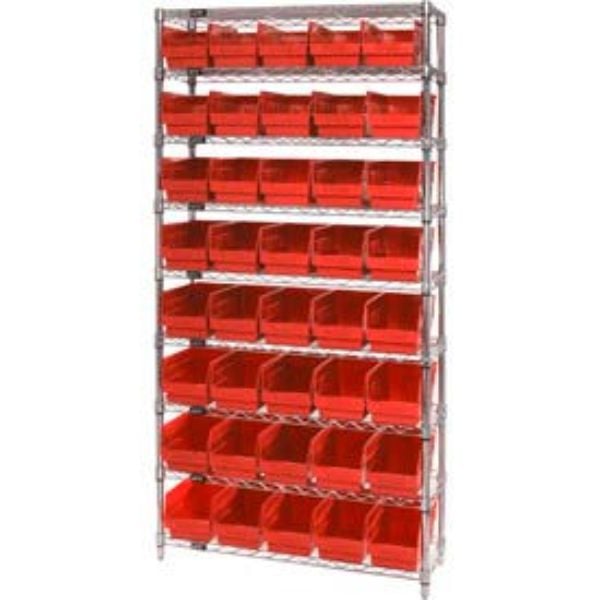 268949RD WR9-204 Chrome Wire Shelving with 40 6 in. Plastic Shelf Bins, Red - 36 x 18 x 74 in.
